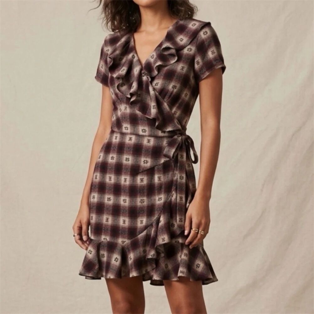 Denim & Supply Ralph Lauren Dress M Plaid Flannel Ruffle Wrap Short Sleeve Boho
